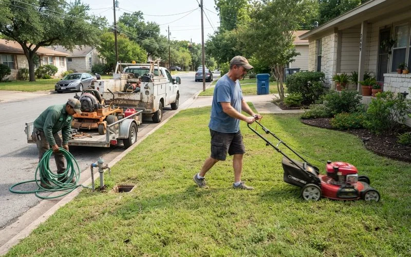 A homeowner mowing a residential Austin lawn with a push mower next to a landscaping company's truck parked at the curb