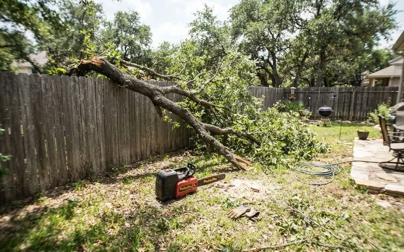 A large fallen tree limb resting across a residential fence line between two Austin backyards after a storm