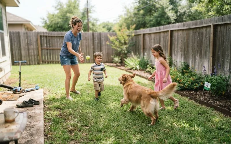 A dog and a child playing safely on a green lawn in an Austin backyard, illustrating a lawn that has been properly treated and cleared for use
