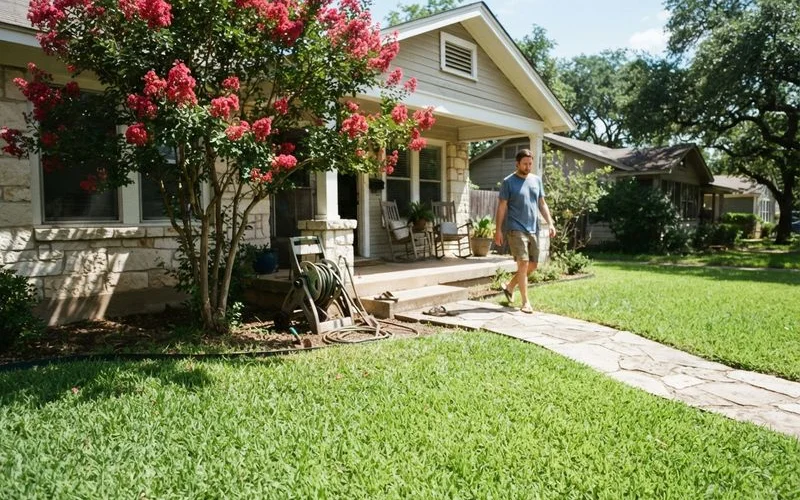 A well-maintained Austin lawn in late spring with healthy green St. Augustine grass and a clearly defined mowed edge along a garden bed