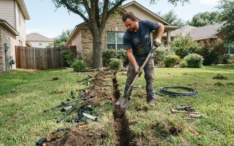 An Austin backyard with an irrigation trench being dug alongside a lawn, sprinkler heads and PVC pipe laid out ready for installation