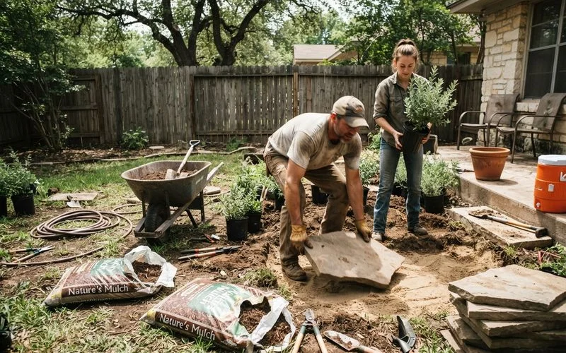 A landscape crew laying sod and installing planting beds around a newly built stone pathway in an Austin backyard