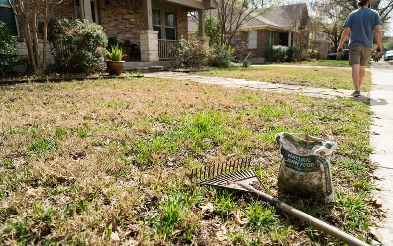 A patch of Austin lawn showing the contrast between brown, dormant grass recovering from a freeze and new green growth emerging alongside it