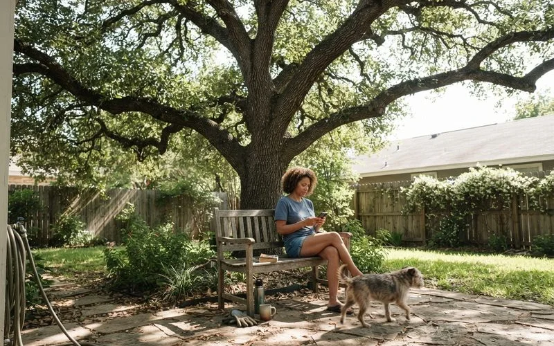 A large mature live oak tree with a wide canopy in an Austin backyard, the kind of tree that may qualify for heritage tree protection under city ordinance