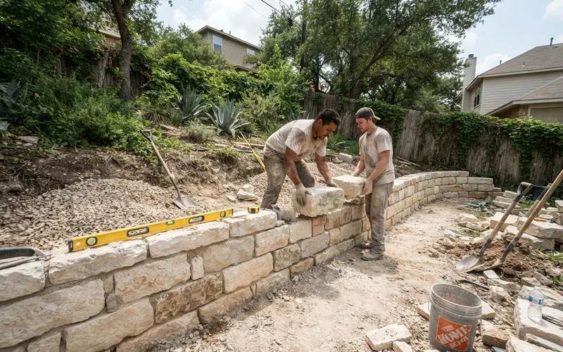 A partially built stone retaining wall in an Austin backyard with visible gravel backfill and drainage pipe before the final course is set