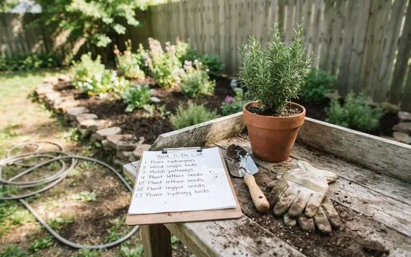 A homeowner and a landscaper walk through a residential Austin backyard reviewing an irrigation system and planting beds together